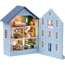 Miniature Wooden Dollhouse Set with LED Lights Blue