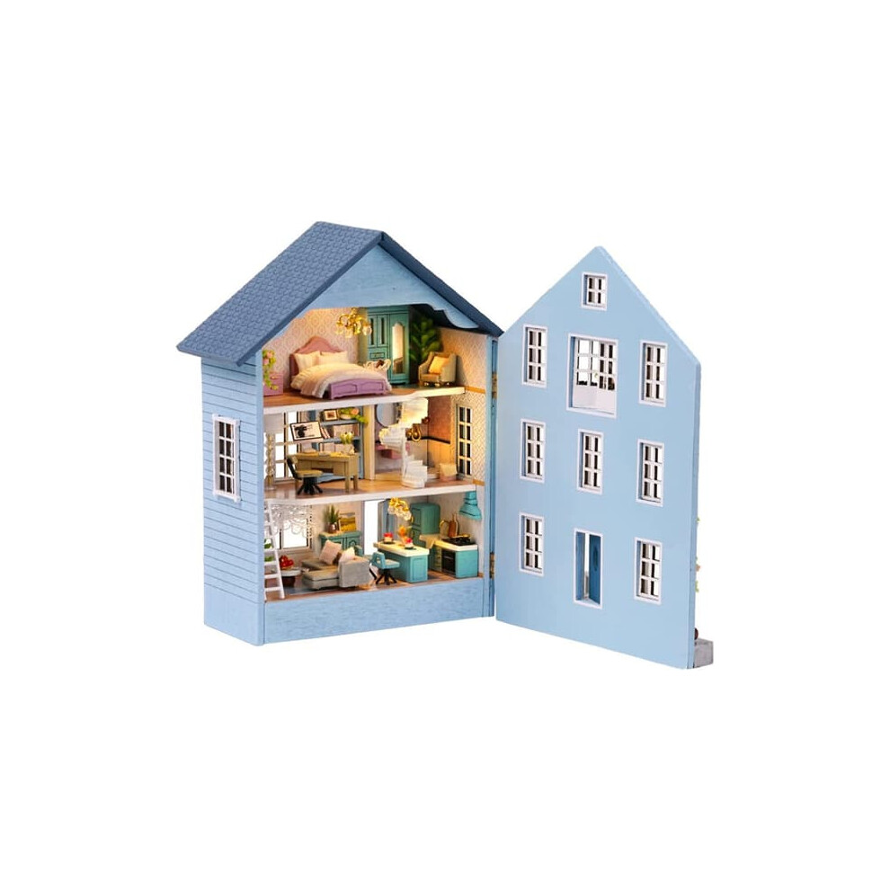 Miniature Wooden Dollhouse Set with LED Lights Blue