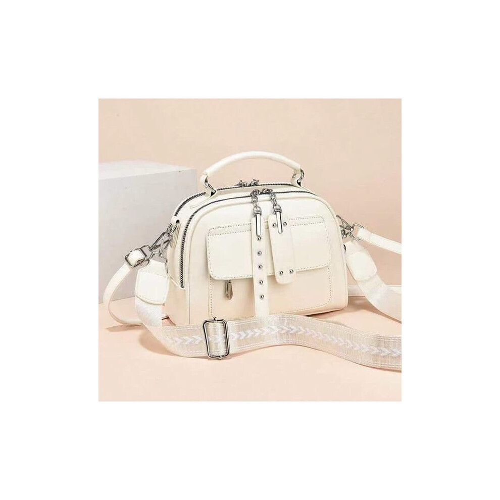 Women's Leather Shoulder Bag Small With Wide Strap White 962029305088