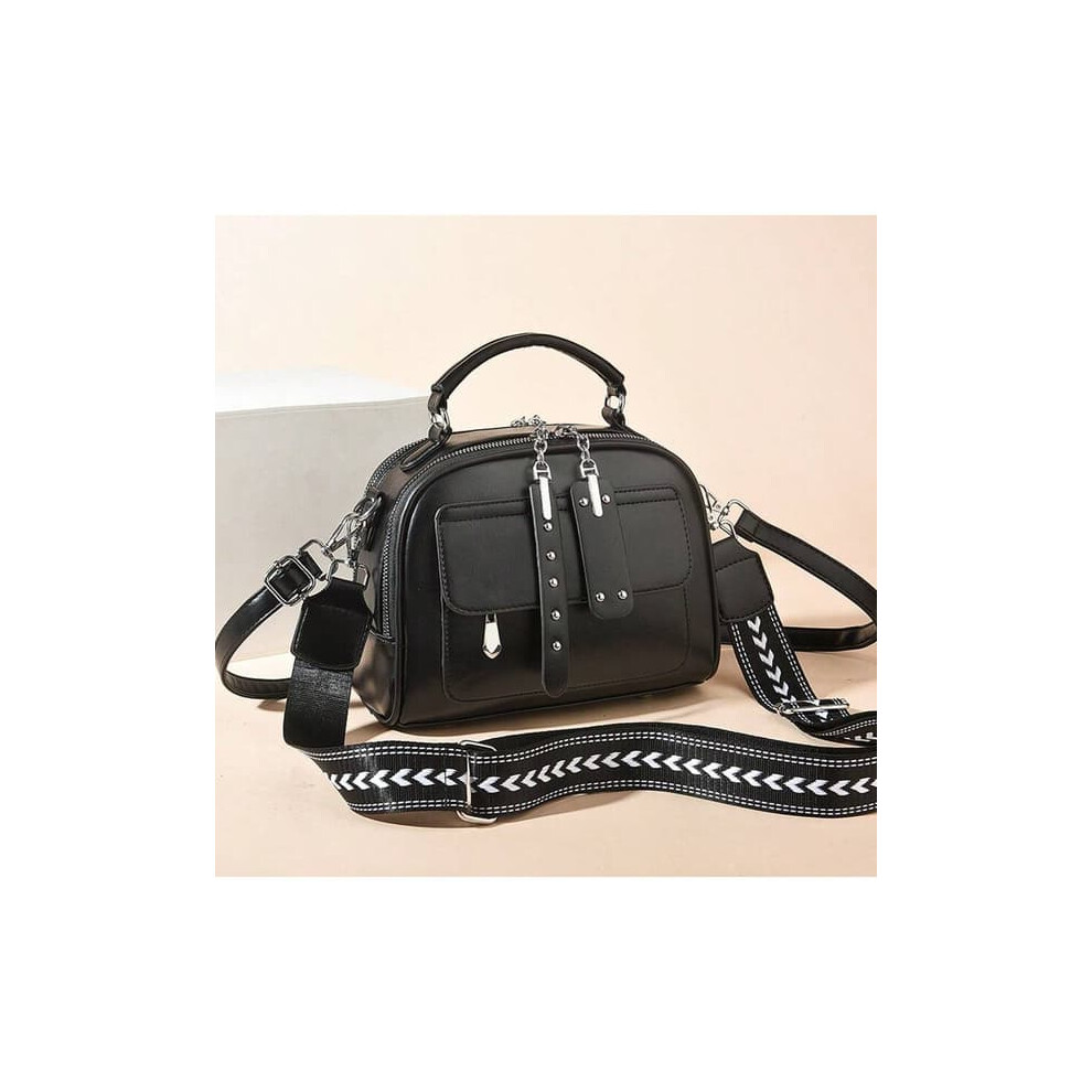 Women's Leather Shoulder Bag Small With Wide Strap Black 962029305118