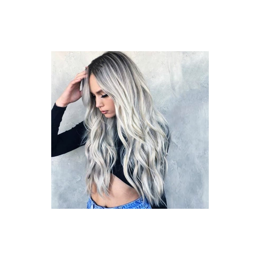Human Hair Wig For Women Gradient Long Wavy 24 Inch Gray 900223957863
