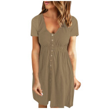 OAVQHLG3B Buttons Solid Color V-Neck Dress for Women Short Sleeve Loose Mini Summer Dress Beach Dress 2022 Vestidos Vestir