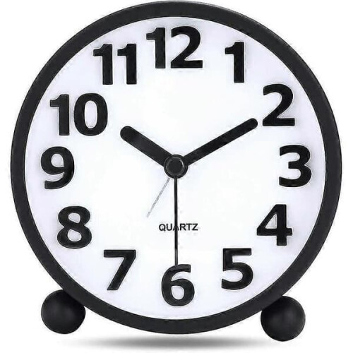 Silent Analog Alarm Clock Black Metal 10.8 cm