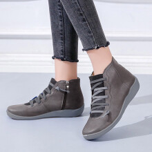 SDJMa Damen-Winterstiefel, lässiges Leder, Schnürung, seitlicher Reißverschluss, runde Zehenpartie, Retro-Stil, bequeme flache Stiefeletten,