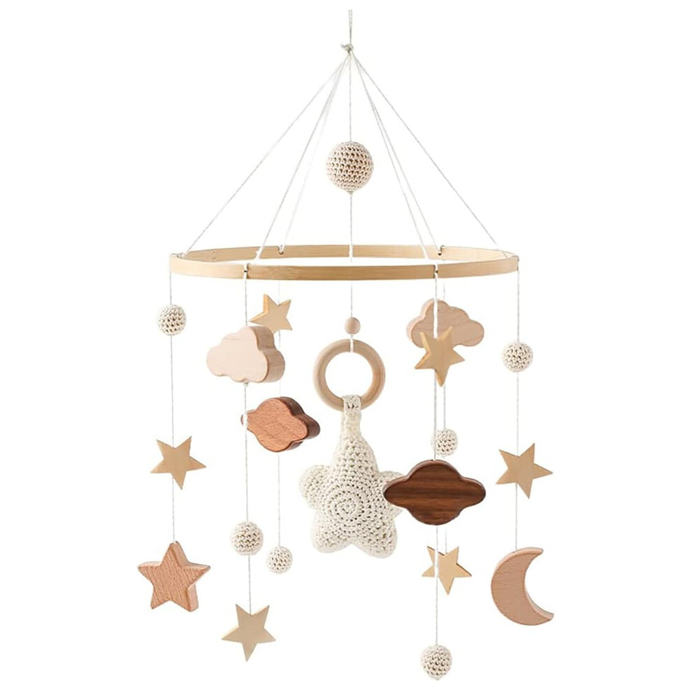 Wooden baby mobile with felt balls and clouds white