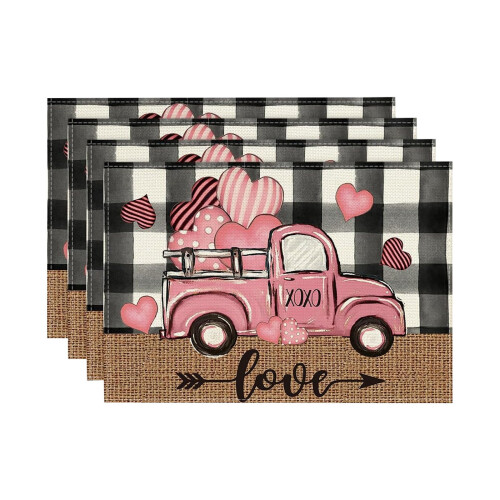 Rote karierte Vinyl-Tischsets mit Herzmuster und Schleife (4er-Pack)