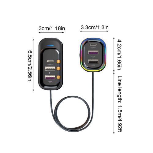 66W Car Charger USB Type-C 6-Port with LED Light 2
