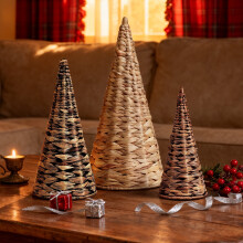 Wicker Tabletop Christmas Tree Rustic Decor 3pcs Black