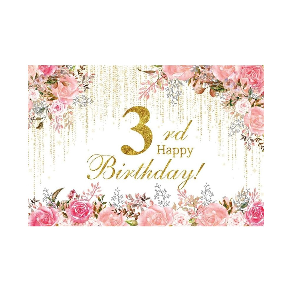 Watercolor Floral 3Rd Birthday Backdrop Wildflower Garden Pink/Golden 9402001677952