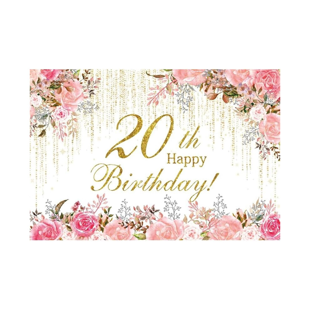 Watercolor Floral 20Th Birthday Backdrop 1Pc Pink/Golden 9165521967582