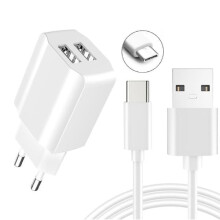 Zasilacz ścienny z 2 kablami USB i USB-C, biały