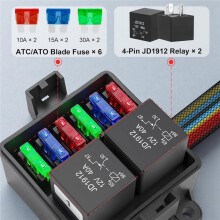 12V Pre-Wired Fuse Relay Box, 2 Relays and 6 ATC/ATO Blade Fuses, 4-Pin 40A Relay Block and Kit, for Cars Truck RVs
