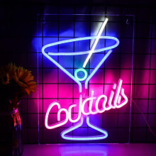 Insegna al neon per cocktail, lettere in vetro a LED rosa e blu con USB, decorazione da parete.