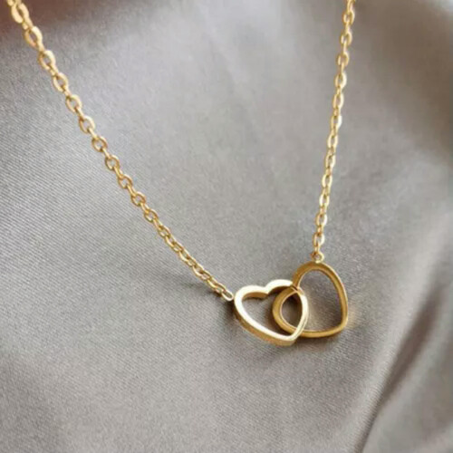 Modieuze dubbele ring hartketting zilverkleurig 1