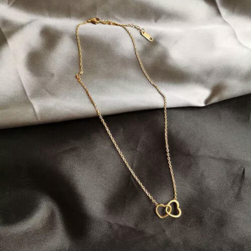 Modieuze dubbele ring hartketting zilverkleurig 2