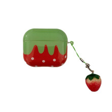 Cute Lovely White Polka Point Red Strawberry Glossy Shockproof Protective Case for AirPods 1/2 with Charm Pendant
