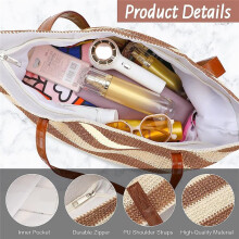 GroßE Strohtasche, Strandtasche, Weiche Tragetasche mit ReißVerschluss, Strandhandtasche mit Gestreift Gewebter UmhäNgetasche, Khaki