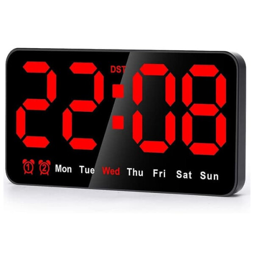 Digital Wall Clock LED 9-inch 12/24H Large Display Black Red