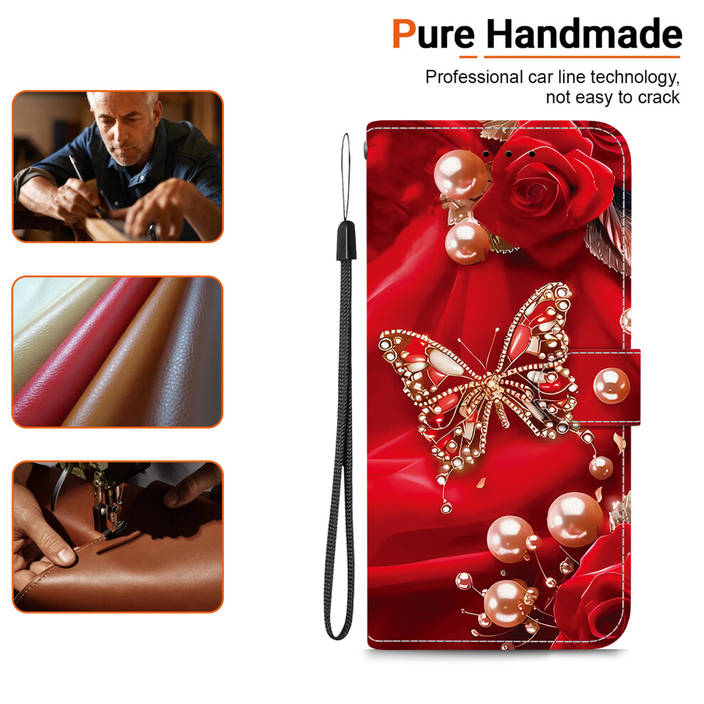 (Pearl Butterfly Rose) For Iphone 17E / 16E Leather Case Stand Wallet Pattern Printing Phone Cover With Wrist Strap White 6914297011189
