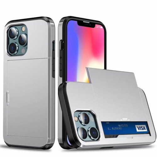 iPhone 14 Plus silver case with sliding card slot 2-in-1