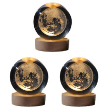 3X Crystal Color Night Light with Carved Crystal Inside, Luminous Ornament, Starry Gift with Wooden Base,Moon