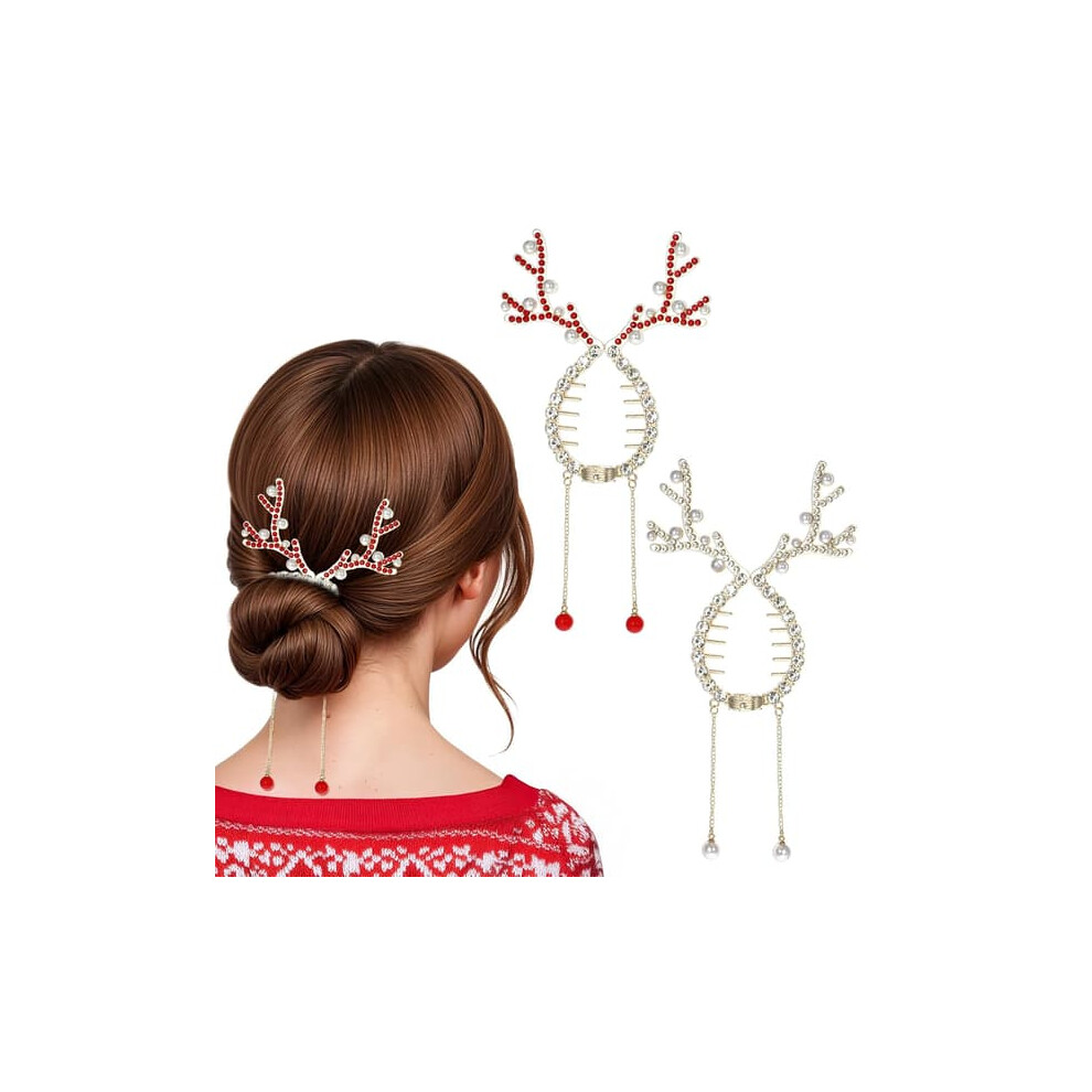 Christmas Reindeer Hair Clip With Rhinestone And Pearl 2 Pcs 962125854251