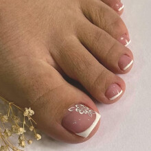 Fake Toenails Square White French with Flower Print 24 Pcs