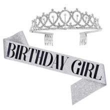 Women's Birthday Queen Tiara and Sash Set Silver