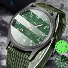 Men's Luminous Quartz Watch Military Style Green Silver