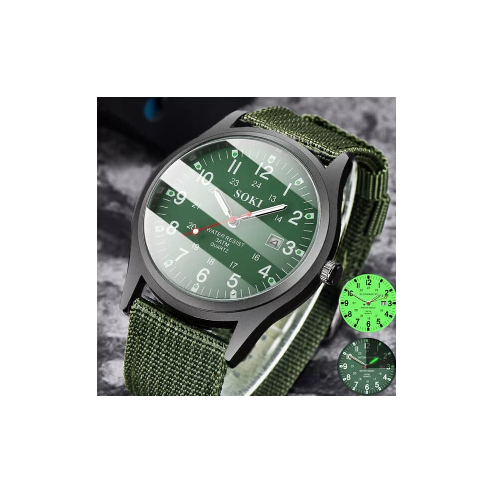 Men's Luminous Quartz Watch Military Style Green/Silver 962029349327