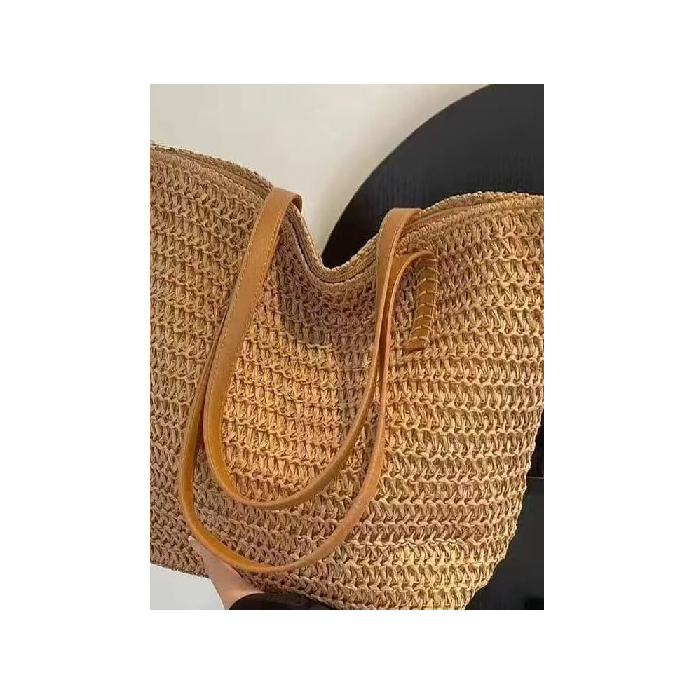 Straw Handbag For Women Light Brown Woven Beach Bag 962125870695