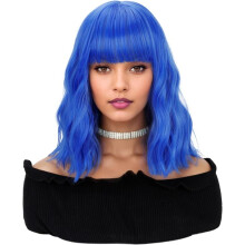Natural Wavy Bob Wig with Bangs Blue 14 Inch