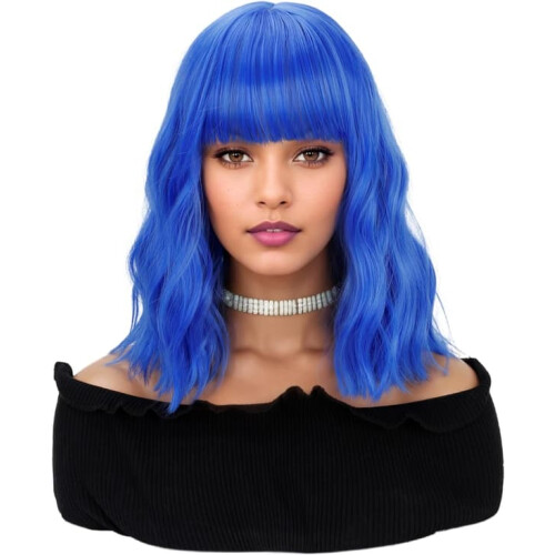 Natural Wavy Bob Wig with Bangs Blue 14 Inch