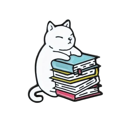 Cat brooch with book design white metal