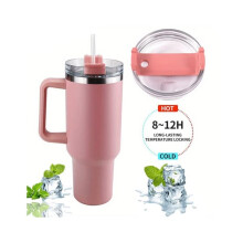 Thermo tumbler mug baby pink 1200 ml with handle lid straw