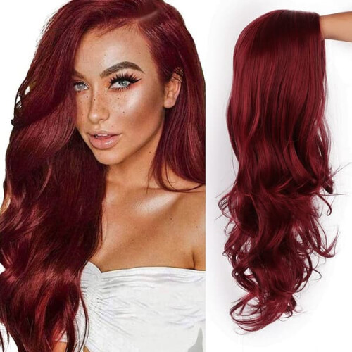 Red curly synthetic wig for women with side bangs