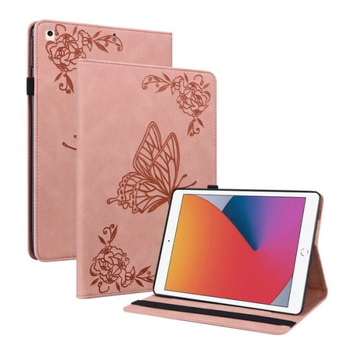 Capa de couro compatível com iPad 10.2 de 8ª geração (2020) com estampa de borboletas rosa.