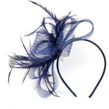 Women's navy blue fascinator hat with flower and feather