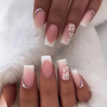 Unhas postiças quadradas rosa com ponta francesa, comprimento médio, com strass, unhas acrílicas quadradas médias brilhantes.