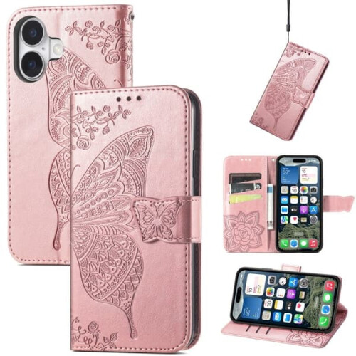 Capa carteira em couro PU compatível com iPhone 16, com 4 compartimentos e estampa de borboleta.