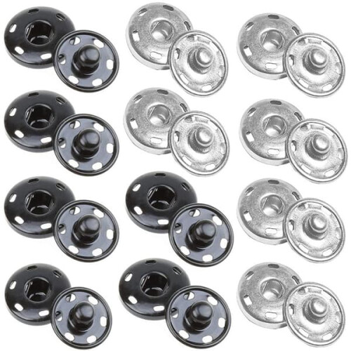 Snap Buttons for Sewing 12 Sets Metal Silver Black 19mm