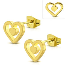 Stud Earrings Surgical Steel 316L Gold Color Double Hearts