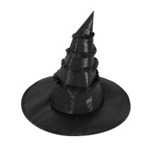 Black cloth witch hat for cosplay and Halloween, wide brim