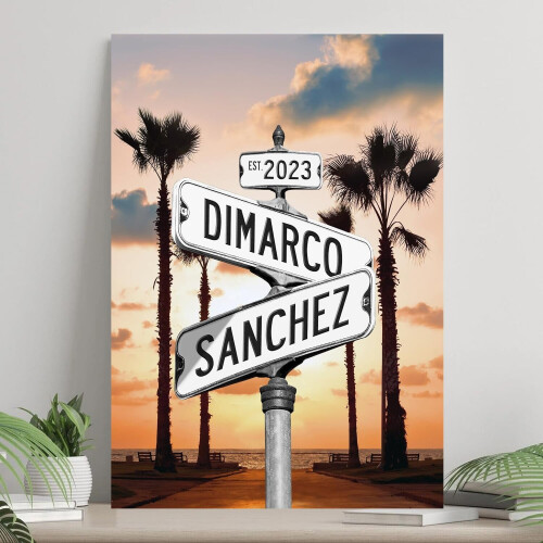 Pôster em tela personalizado com nome do casal e data da placa de encruzilhada