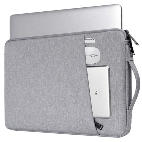 Capa para laptop em lona cinza, tamanhos 14,1 e 15,4 polegadas.