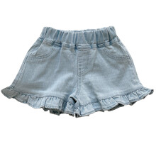 Pantaloncini di jeans da bambina con strappi, volant e elastico in vita, blu, 6 anni