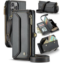Étui portefeuille Caseme pour iPhone 16, noir avec fermeture éclair