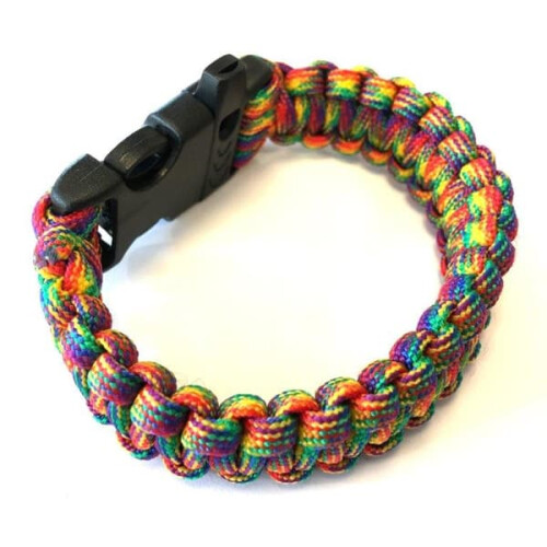 Pulsera de paracord con silbato rojo amarillo verde