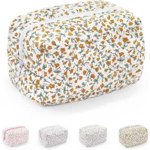 Bomuldsquiltet Blomster Makeuptaske Orange