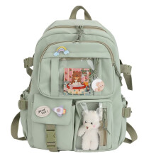 Kawaii grønn ryggsekk med bjørnedetaljer, stor kapasitet